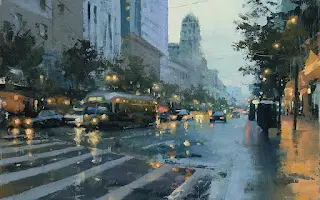 Rain-slick city street with cars, pedestrians, and blurred lights at dusk.