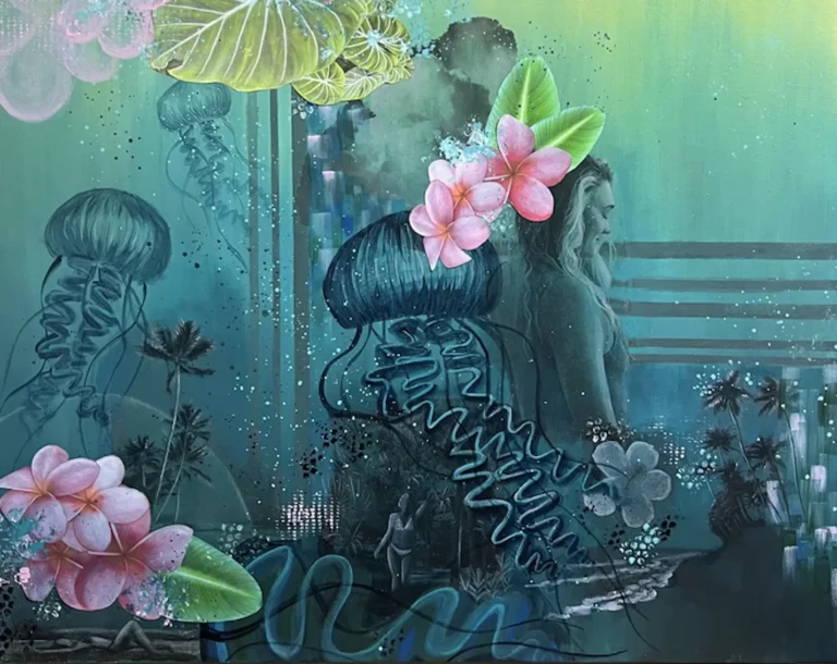 Surreal portrait of a woman underwater with spiral hair, pink hibiscus flowers, and tropical foliage.