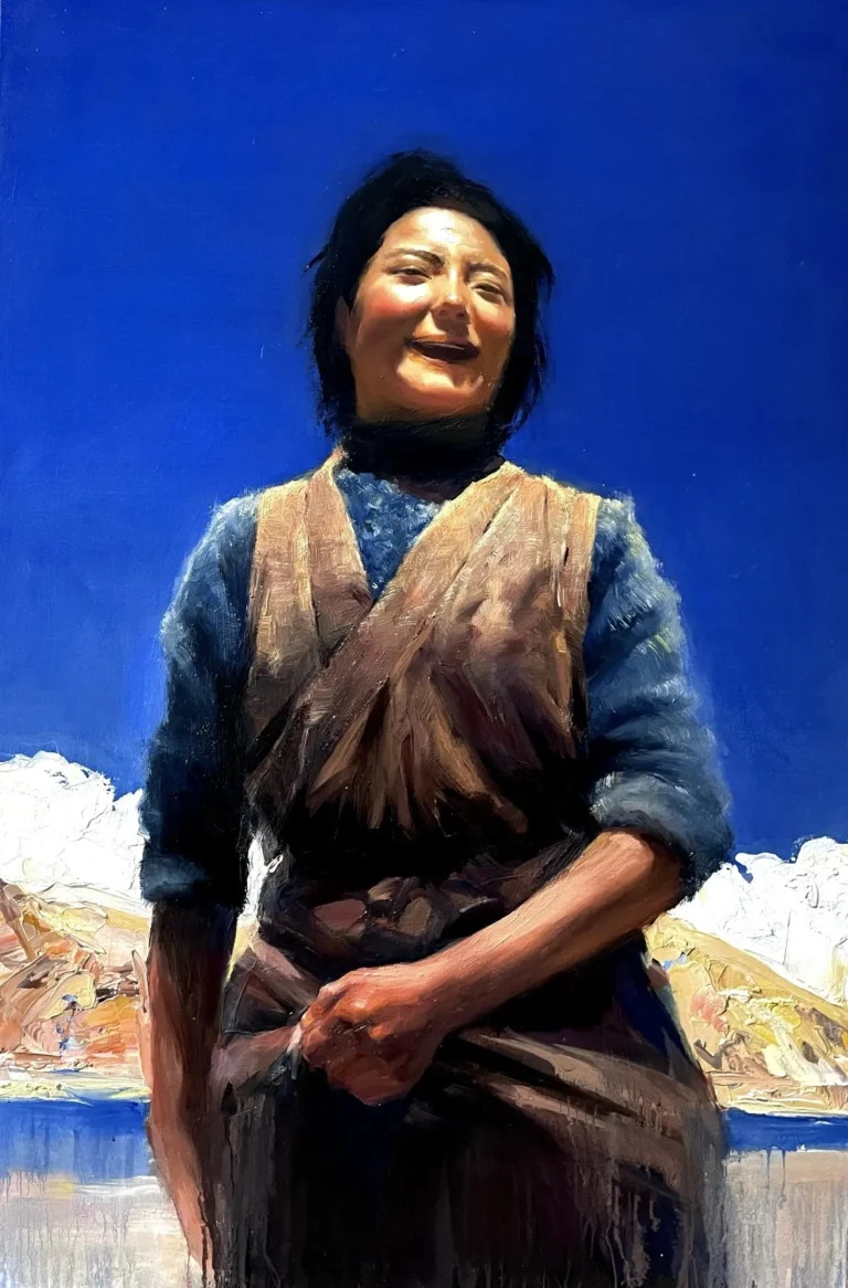 Smiling woman in blue-gray dress with brown sash against blue background