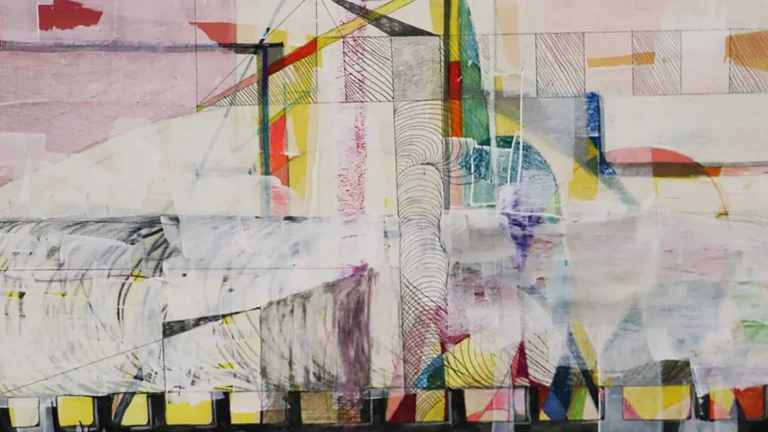 Abstract geometric mural with repeating squares and colorful shapes as example of student work for STEM Majors and Degrees at ArtU