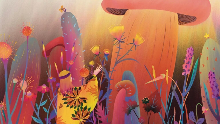 ArtU School of Illustration Colorful fantastical garden with a person in a yellow floral outfit reaching toward glowing flowers