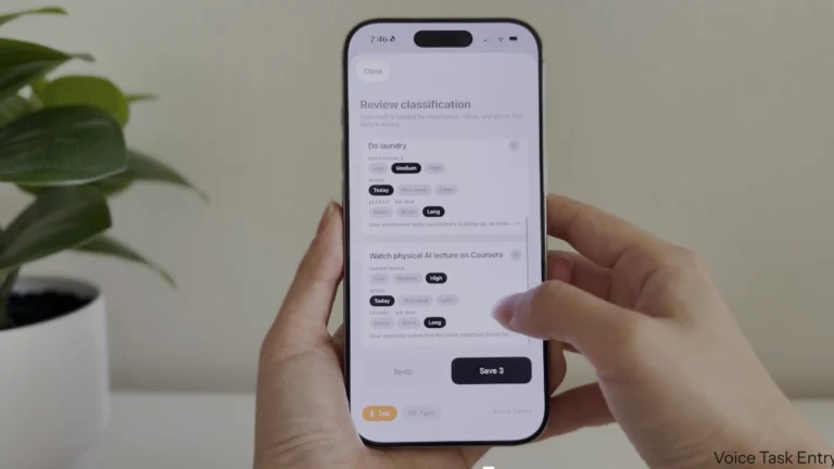 Hands hold a smartphone showing a task list screen with “Review classification” text.