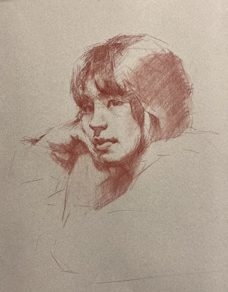 Sketch of a person resting head on hand with shaggy hair, drawn in reddish pencil on beige background