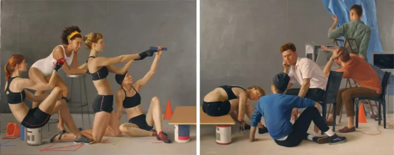 Women gymnasts training with props on left; men crew collaborating on set with equipment on right.