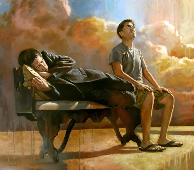 Two men on a bench; one reclines resting head on pillow, other sits upright looking skyward, sandals on.