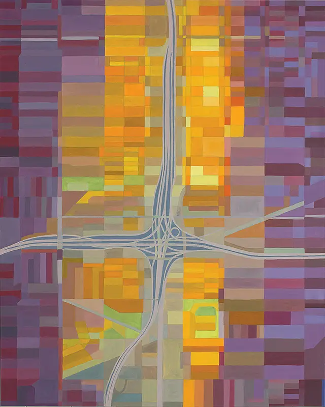 Colorful abstract aerial view of a multi-lane highway interchange with bright geometric blocks surrounding it.