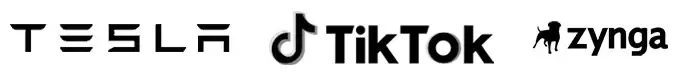 Logos for Tesla, TikTok, and Zynga