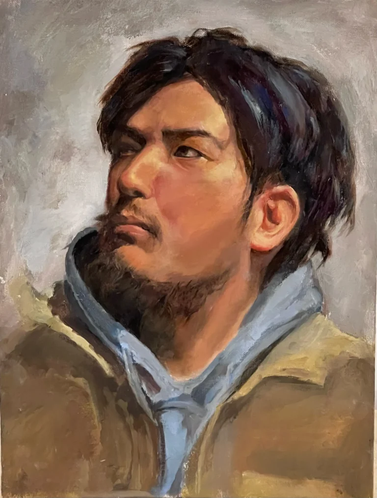 Portrait of a man with dark hair and beard, wearing a scarf.
