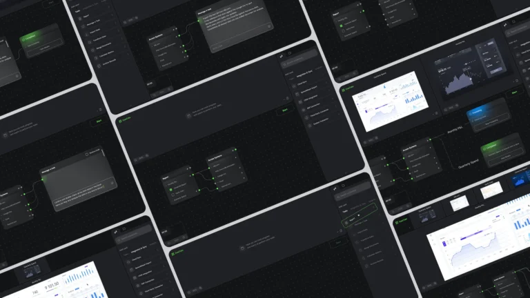 Collage of dark dashboards and charts with multiple widgets and graphs.