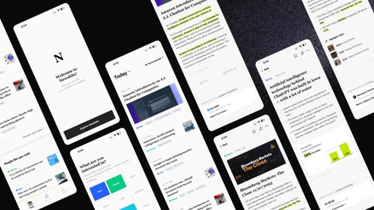 Multiple smartphone screens display a news app with headlines and articles in a staggered grid.