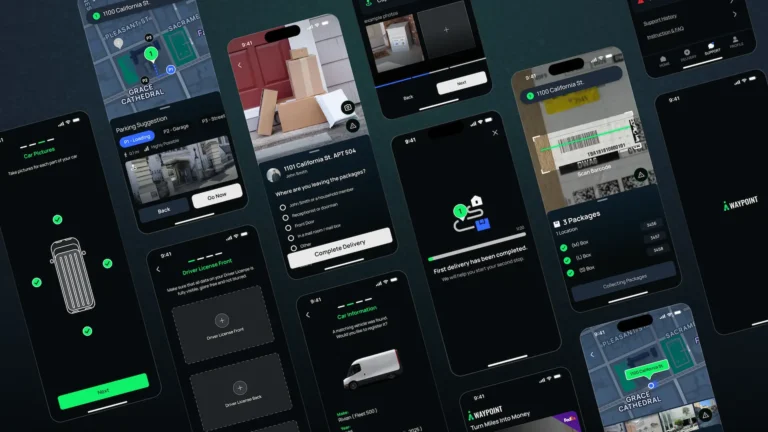 Collection of dark-mode app screens showing maps, deliveries, and checklists with green progress indicators.