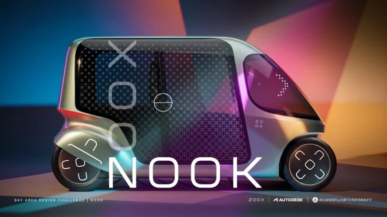 Futuristic colorful autonomous vehicle with grid pattern windows and large “NOOK” text