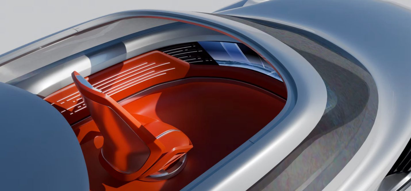 Sleek cockpit with orange seat and controls inside curved white exterior