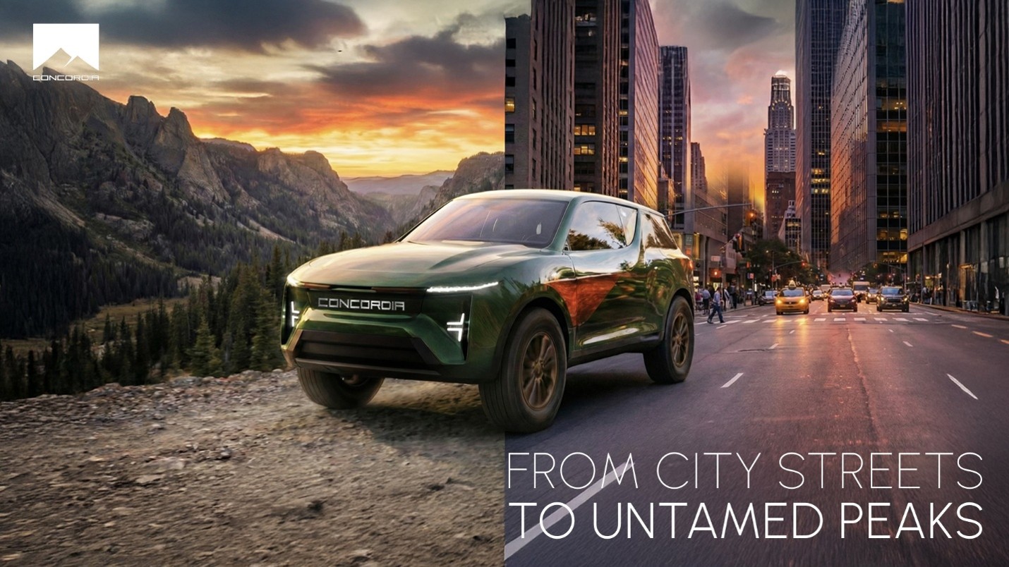 Green Concordia SUV on dirt road transitioning to city street with sunset mountains on left and skyscrapers on right, urban skyline text reads From City Streets to Untamed Peaks