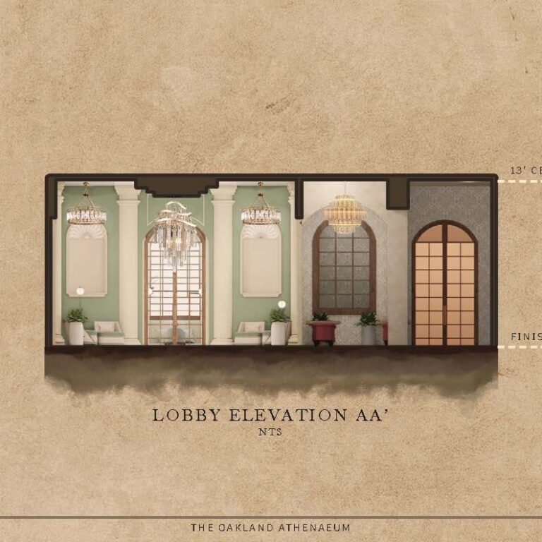 Cross-section lobby elevation with ornate chandeliers, arches, and green walls.