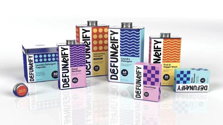 Assorted colorful cleaning product cartons labeled Denefy with wavy patterns and caps