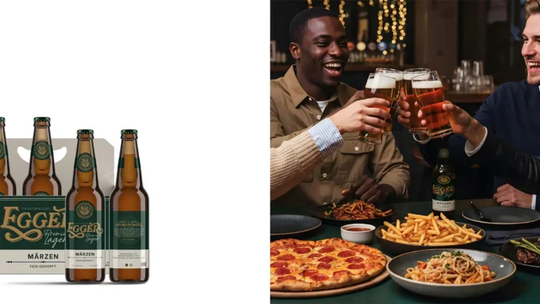 Group of beer bottles with a six-pack, left side.