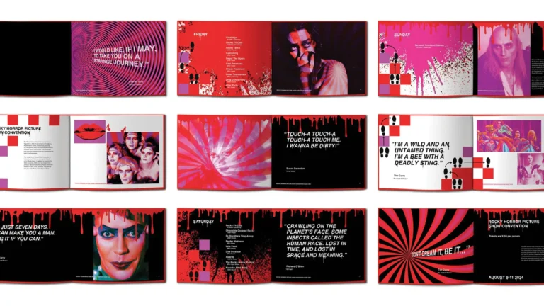 A colorful, collage-style book spread featuring red, pink, black panels with spiral patterns, photos, and text quotes across multiple pages.