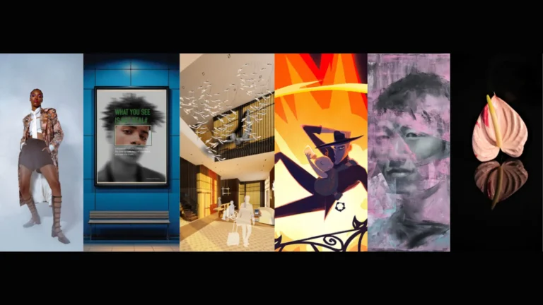 Collage of 6 scenes: A fashionably dressed woman, blue storefront with poster, modern interior with people, colorful mural with magician, a pink-toned abstract portrait, and a flower.