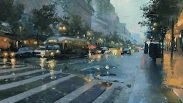 Rainy city street with cars, reflections, and pedestrians on a crosswalk.