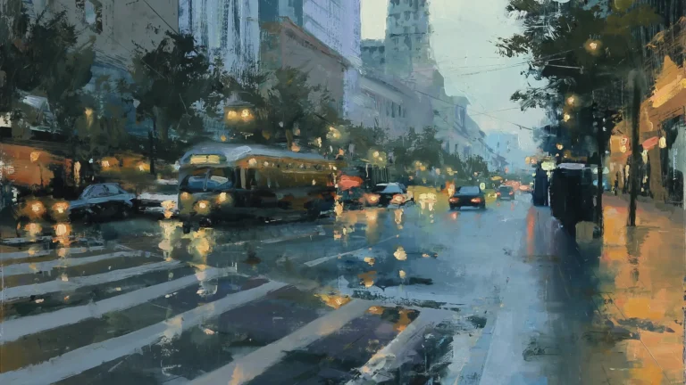 Urban street scene on rainy evening with blurred cars and light reflections.