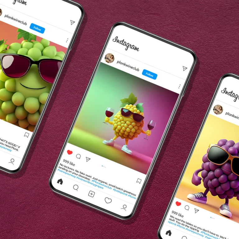 Grapes-wearing sunglasses character on colorful background along Instagram feed previews