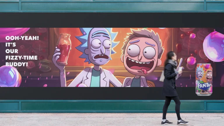 Bright cartoon characters with surprised expressions beside a person walking past a colorful mural.