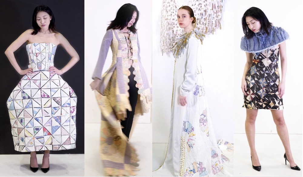 Four models showcase avant-garde dresses with geometric and patchwork patterns in varied poses.
