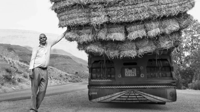 Man leaning on a truck loaded with stacked hay bales on a rural road.