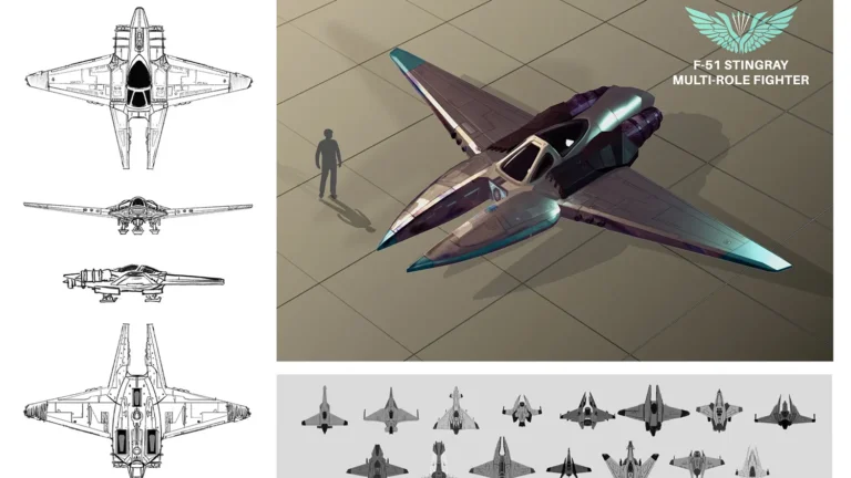 F-51 Stingray-like multi-role fighter with teal accents on wing tips, shown from top.