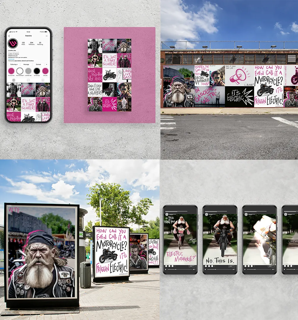 Collage of advertising concepts shown on phones, billboards, and outdoor displays.