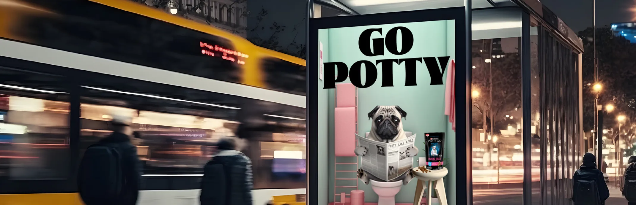 Bus shelter displaying a “Go Potty” advertisement featuring a pug, beside a passing bus.