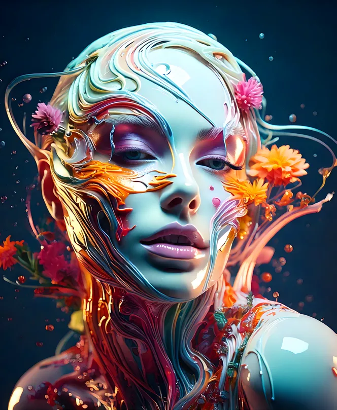 Colorful futuristic portrait with metallic features and floral details.