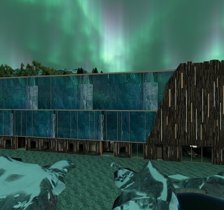 Modern glass-walled building with dark wooden framing under the northern lights.