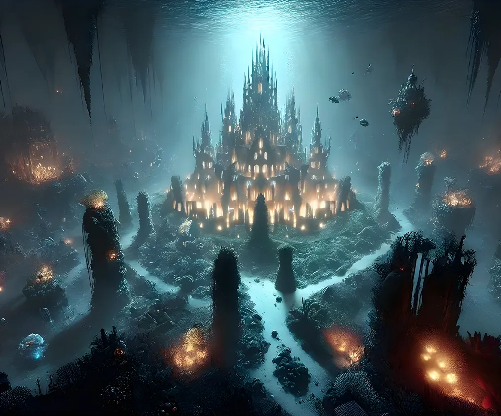 Illuminated fantasy city surrounded by dark cliffs and water.
