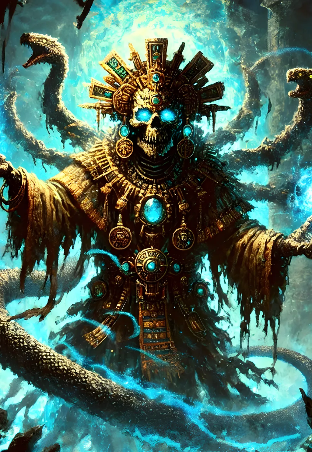 Ornate fantasy figure surrounded by turquoise waves.