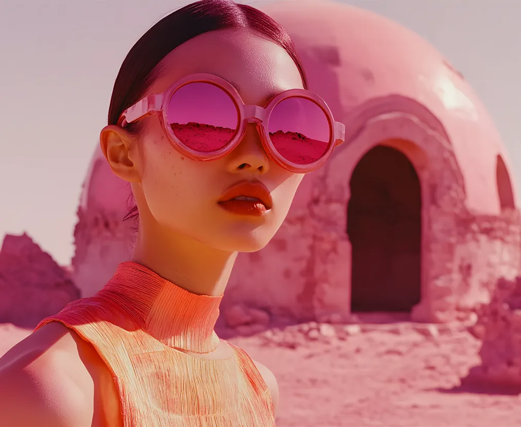 Portrait of a woman wearing pink sunglasses against pink architecture.