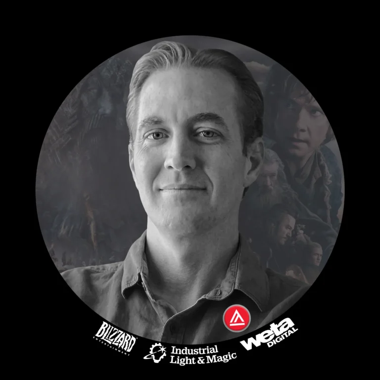 Close-up of a smiling man in a denim shirt, circular framed background with logos.