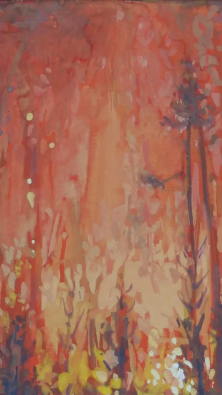 Abstract painterly composition with warm reds, oranges, and yellows, dark vertical streaks.
