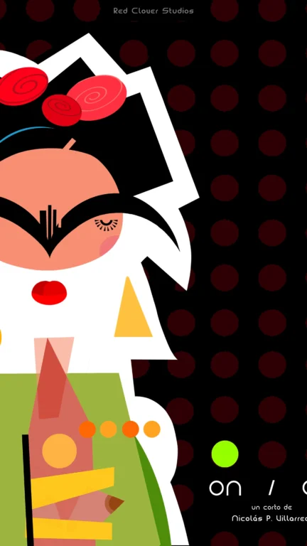 Abstract illustrated figure with geometric shapes, dots, and bold colors on black background.