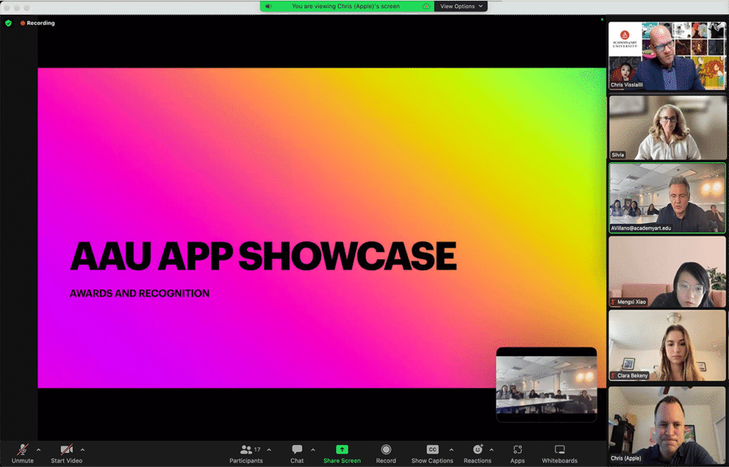 A Zoom meeting features a presentation slide titled "AAU APP SHOWCASE AWARDS AND RECOGNITION" with a colorful gradient background. Participants are visible in side thumbnails, including "Chris Vissalilli" and others.