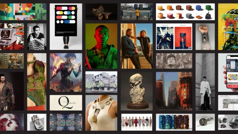 A collage showcases diverse art and design works, including colorful graphics, sculptures, fashion designs, and digital media. The text reads 