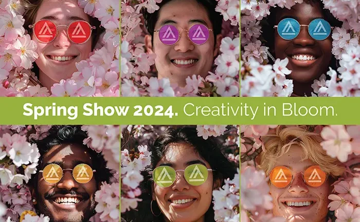 Six people wearing colorful, logoed sunglasses smile among cherry blossoms. The top text reads 