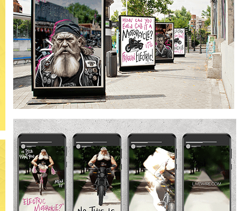 Billboards featuring a stern, bearded biker and graffiti-style text read: 