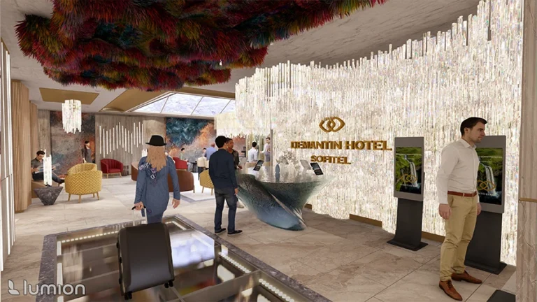 A luxurious hotel interior features guests seated around a fireplace beneath an elaborate chandelier. 