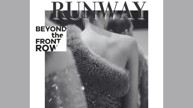 A model faces away, wearing a fur-trimmed, sequined outfit on a runway. Text reads 