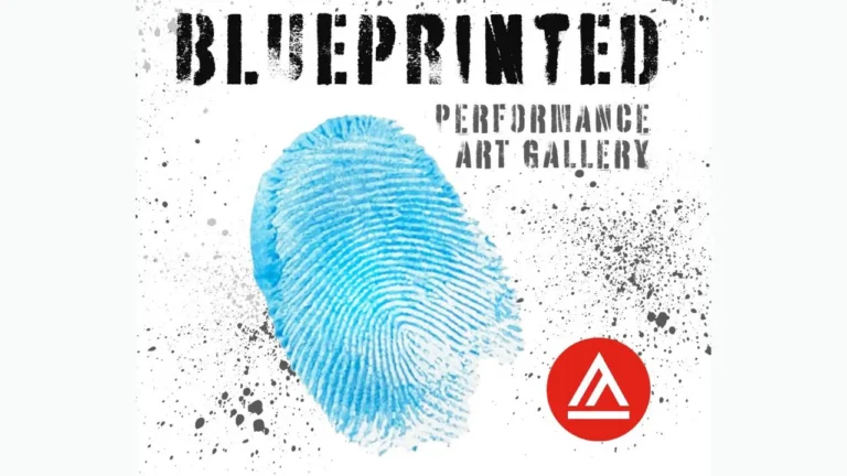 A blue fingerprint is set against a white splattered background. Black text above reads 
