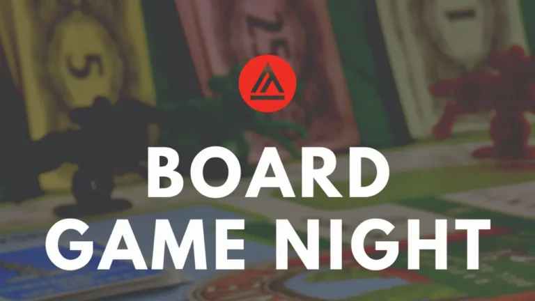 Board game pieces and cards are scattered on a game board. Text overlay reads: 