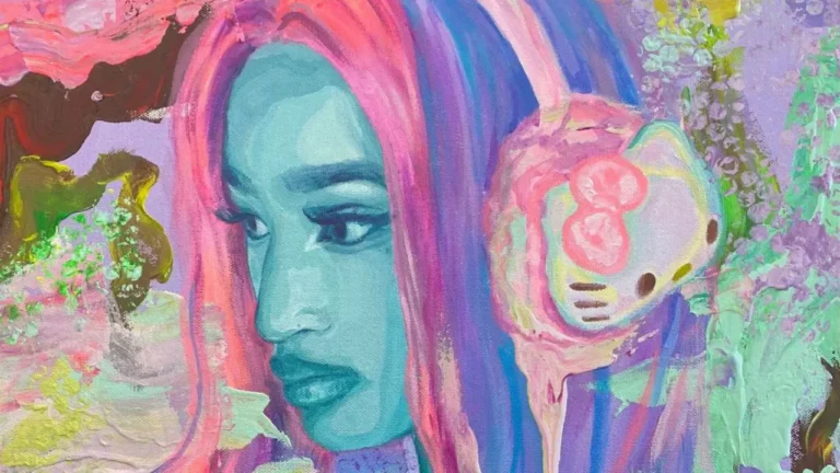 A blue-toned portrait features a person wearing colorful headphones with a cartoonish design, set against a vibrant, abstract backdrop of swirling pastels and greens.