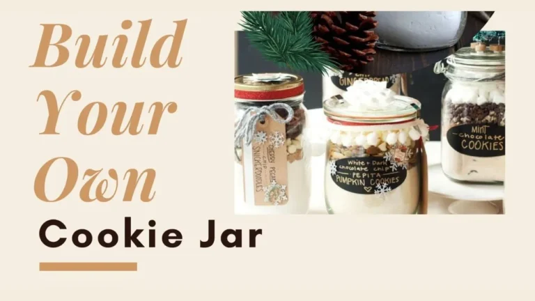 Jars filled with cookie ingredients are adorned with festive tags and decorations. Text on the left reads, 